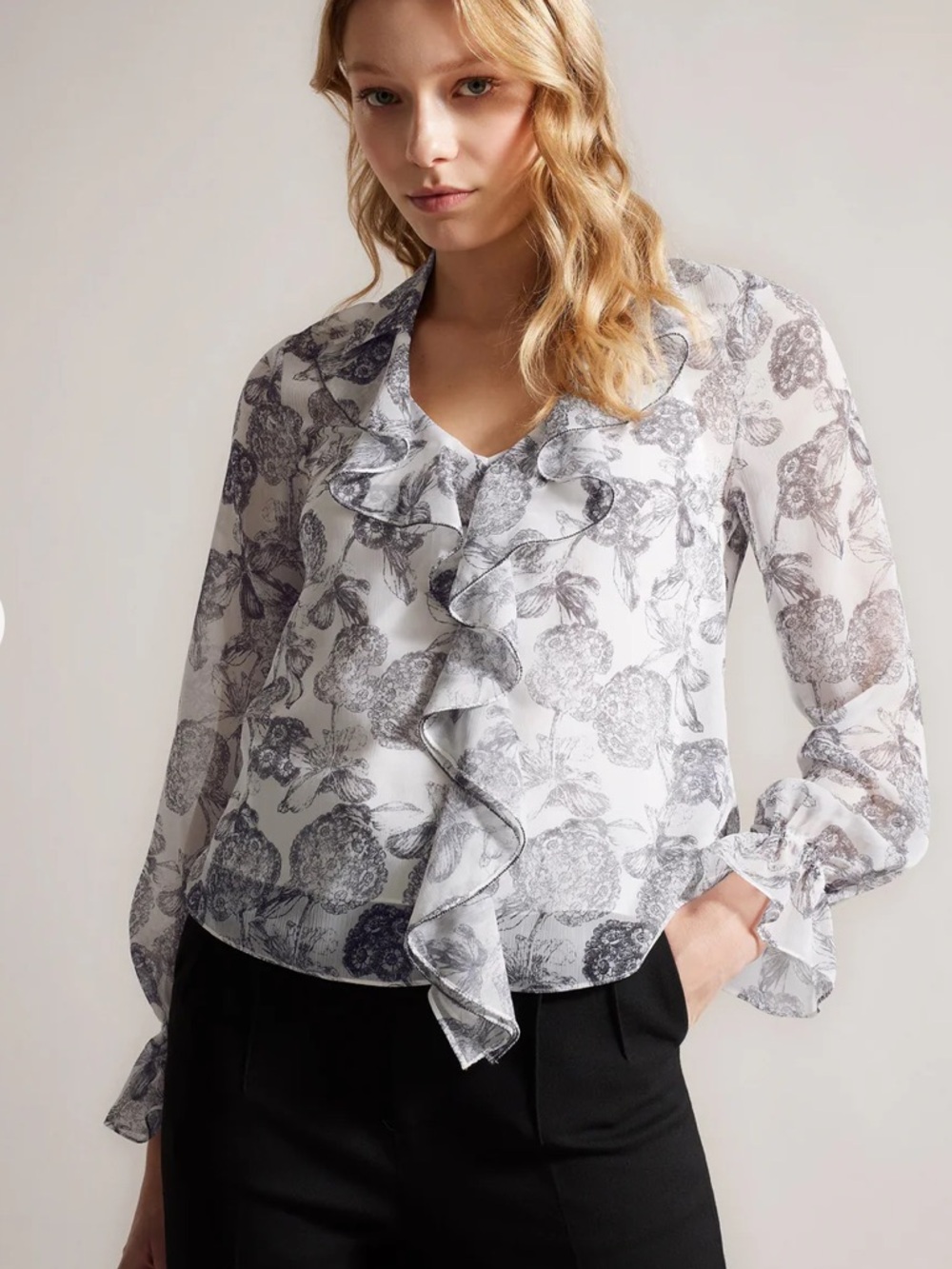 Ted Baker Annie Ruffle Floral Blouse in White and Gray